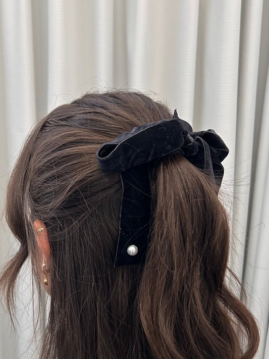 Floppy Black Velvet Bow with Pearl