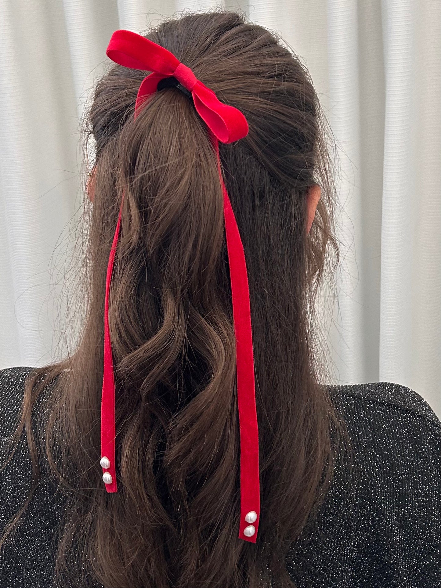 Red Bow with Double Pearl